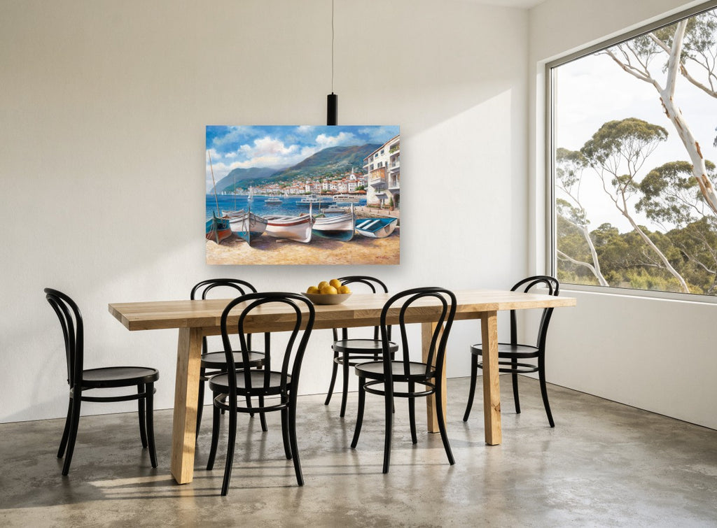 Morning Boats on the Shingle coastal canvas print on the wall of a dining room