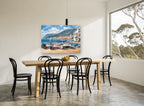 Morning Boats on the Shingle coastal canvas print on the wall of a dining room