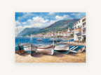 Morning Boats on the Shingle, coastal canvas wall art print, front view