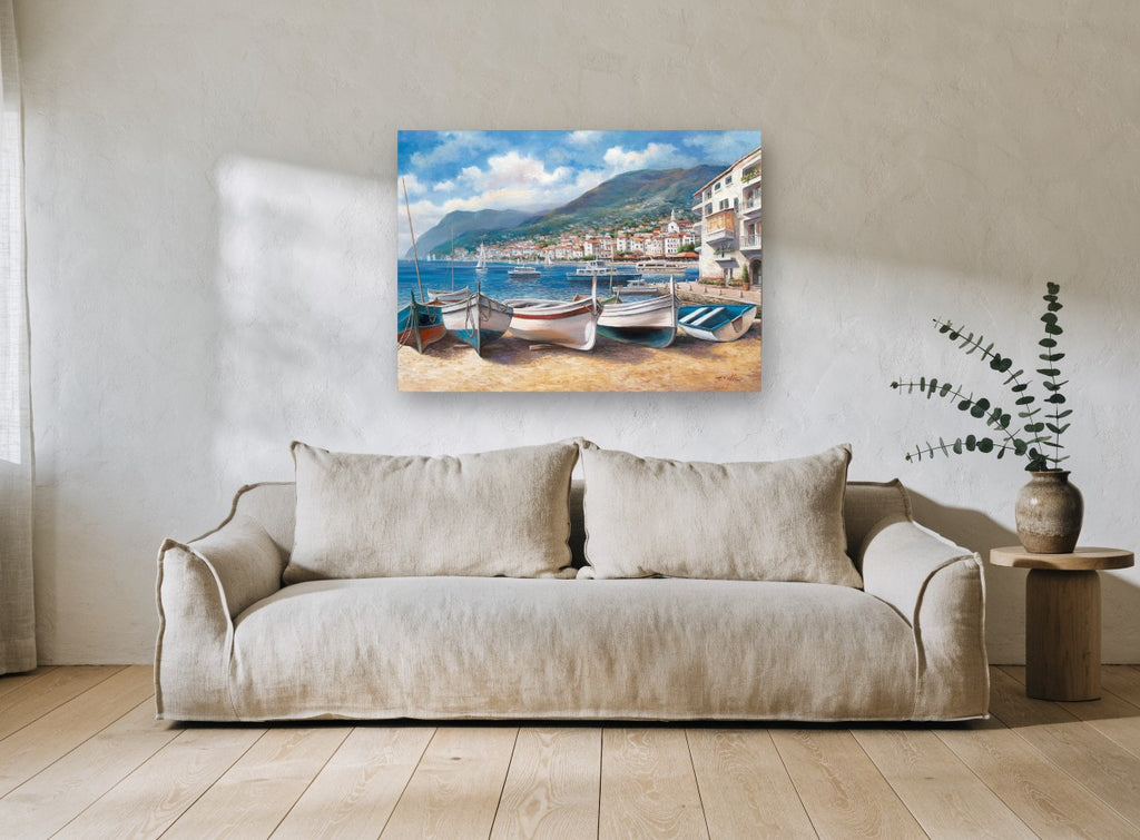 Morning Boats on the Shingle coastal canvas print on the wall of a living room