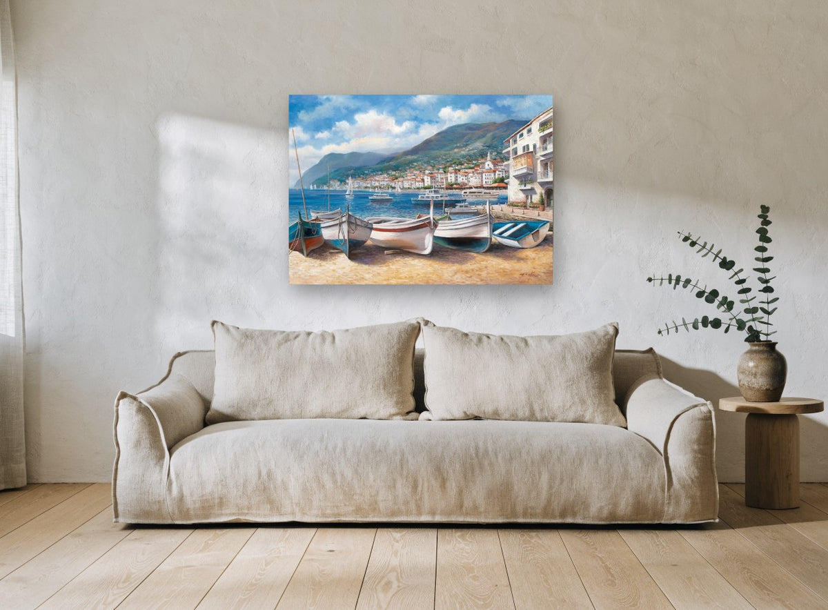 Morning Boats on the Shingle coastal canvas print on the wall of a living room