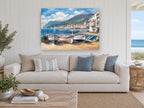 Morning Boats on the Shingle coastal canvas print on the wall of a beach house living room