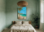Hammock Under Palms coastal canvas print on the wall of a bedroom