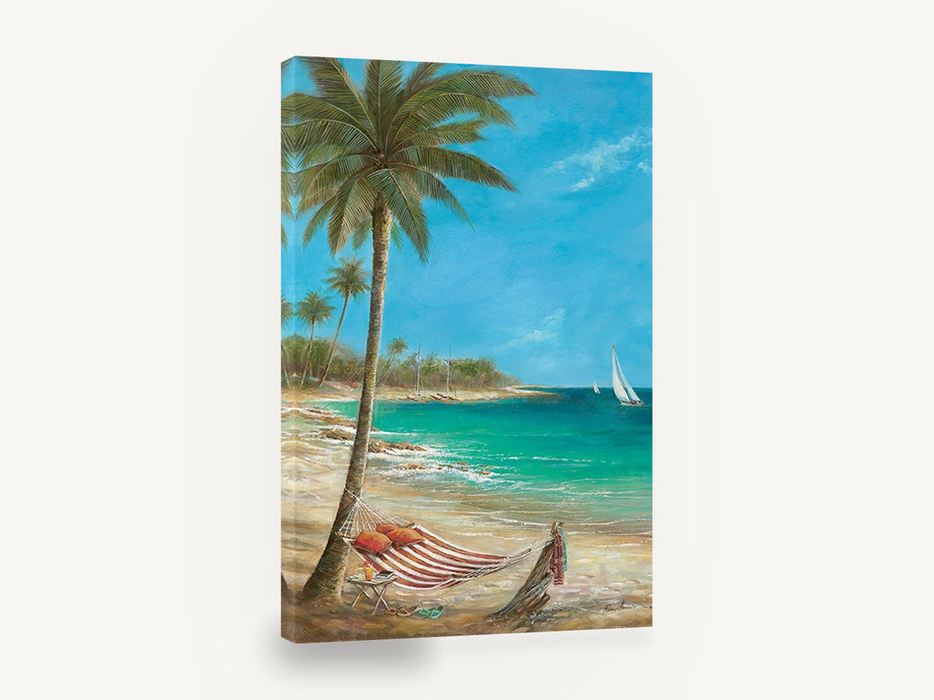 Hammock Under Palms, tropical beach hammock palm seascape, coastal canvas wall art print ready to hang