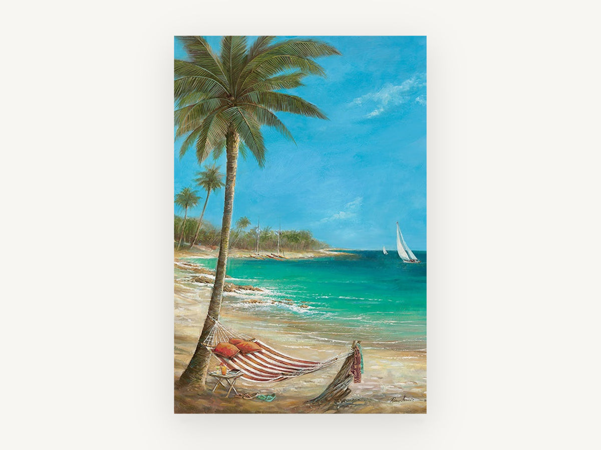 Hammock Under Palms, coastal canvas wall art print, front view
