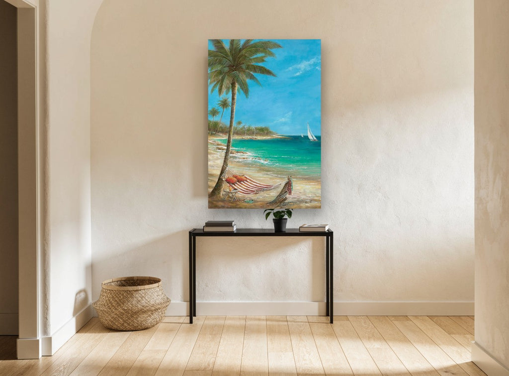 Hammock Under Palms coastal canvas print on the wall of a hallway