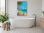Hammock Under Palms coastal canvas print on the wall of a bathroom