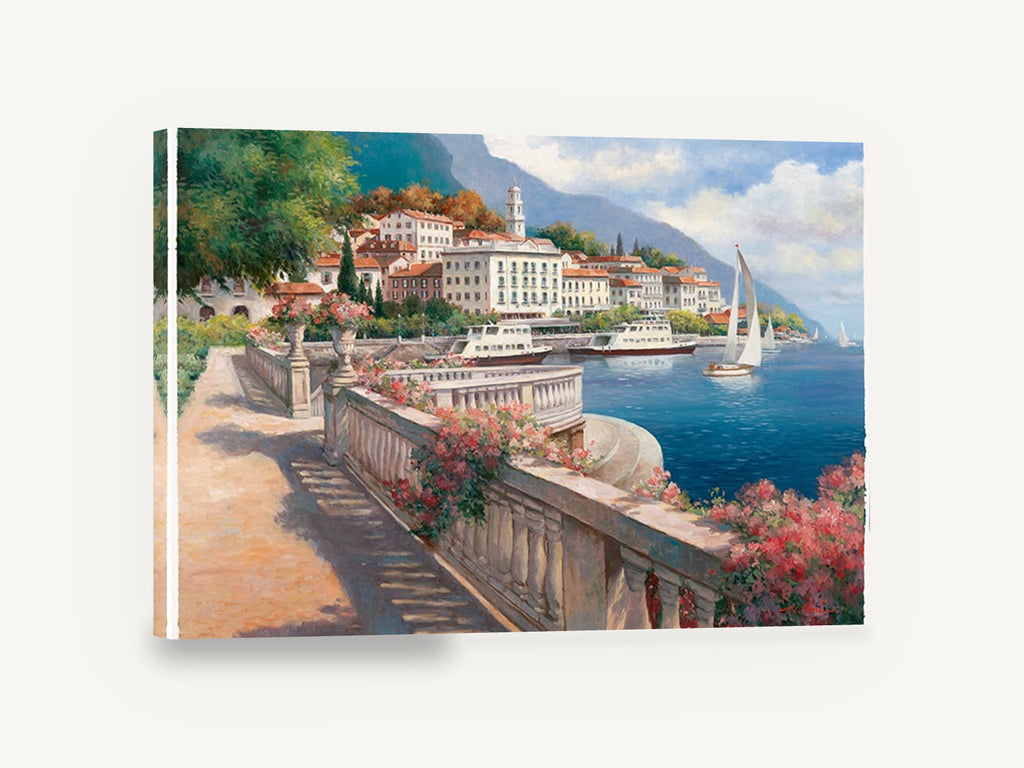 Lakeside Terrace Promenade, italian lakeside terrace painting, coastal canvas wall art print ready to hang