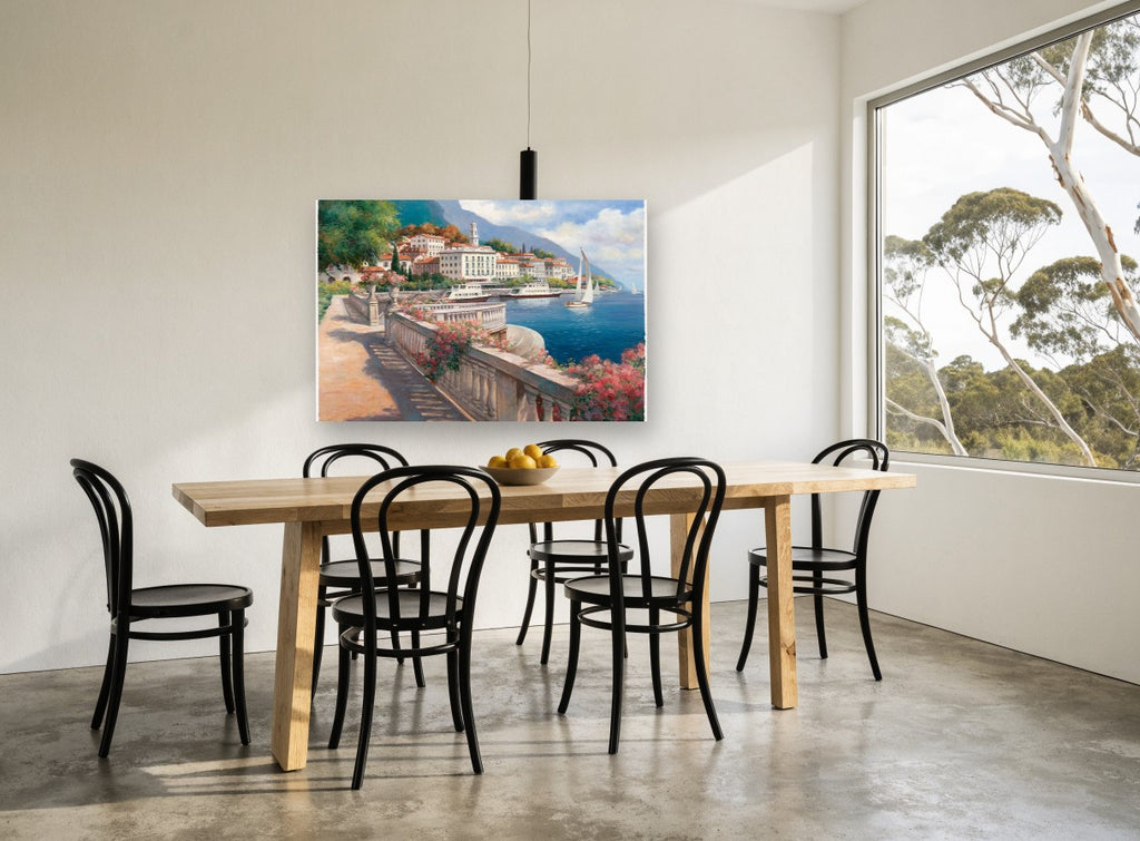 Lakeside Terrace Promenade coastal canvas print on the wall of a dining room