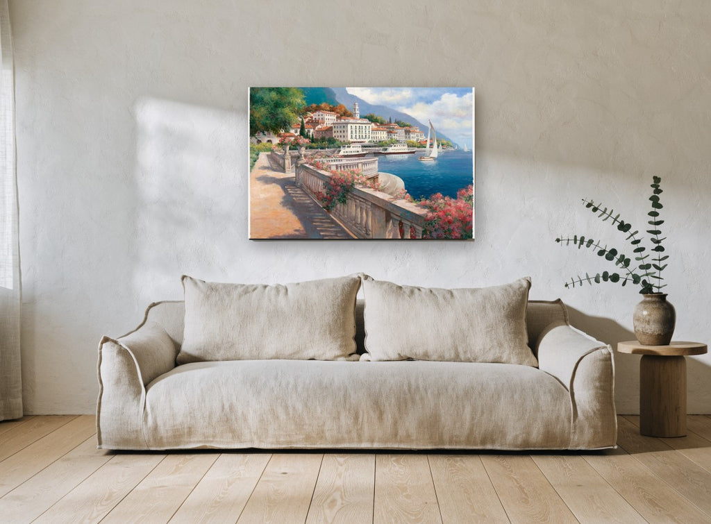 Lakeside Terrace Promenade coastal canvas print on the wall of a living room