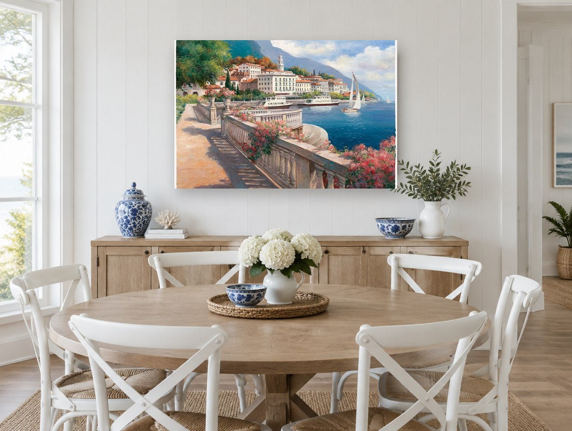 Lakeside Terrace Promenade coastal canvas print on the wall of a Hamptons dining room