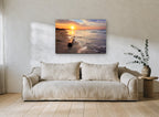 Driftwood at Dawn coastal canvas print on the wall of a living room