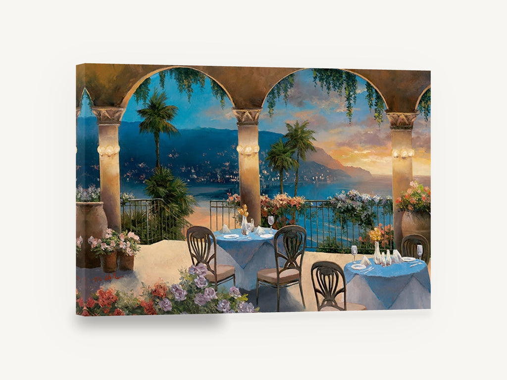 Terrace Above the Bay, seaside terrace dining coastal painting, coastal canvas wall art print ready to hang