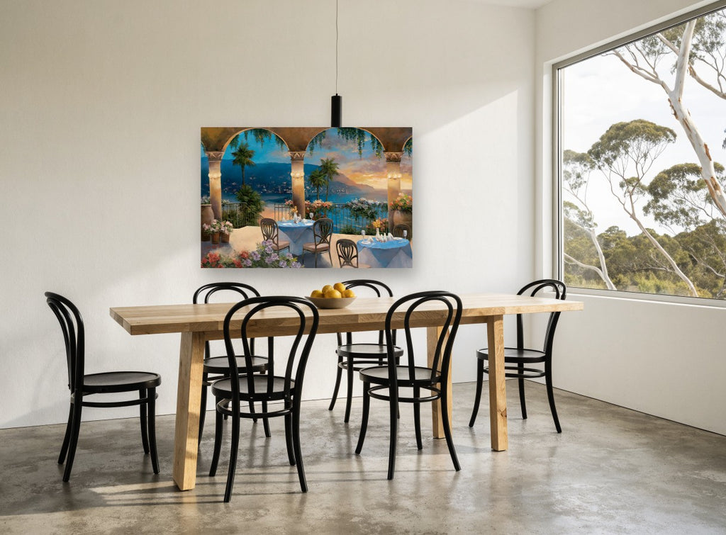 Terrace Above the Bay coastal canvas print on the wall of a dining room