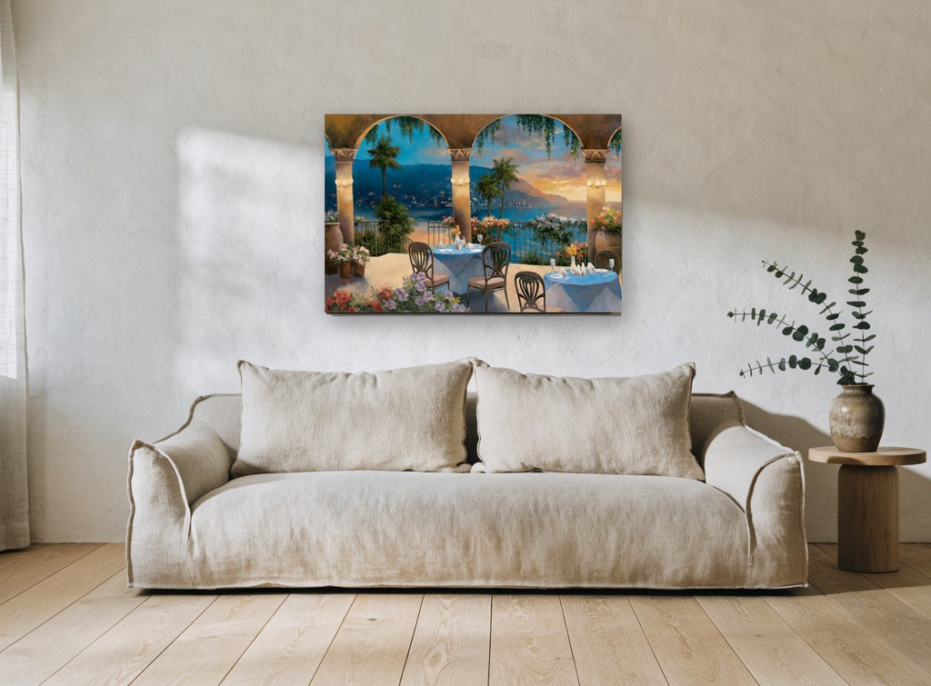 Terrace Above the Bay coastal canvas print on the wall of a living room