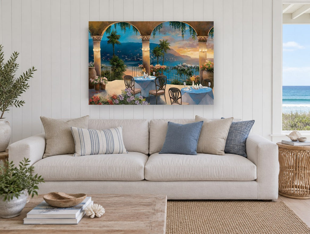 Terrace Above the Bay coastal canvas print on the wall of a beach house living room