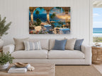 Terrace Above the Bay coastal canvas print on the wall of a beach house living room