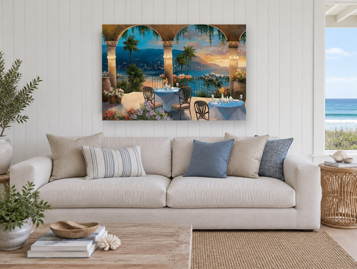 Terrace Above the Bay coastal canvas print on the wall of a beach house living room