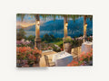Terrace Dinner at Dusk, italian terrace lake view painting, coastal canvas wall art print ready to hang