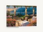 Terrace Dinner at Dusk, italian terrace lake view painting, coastal canvas wall art print ready to hang