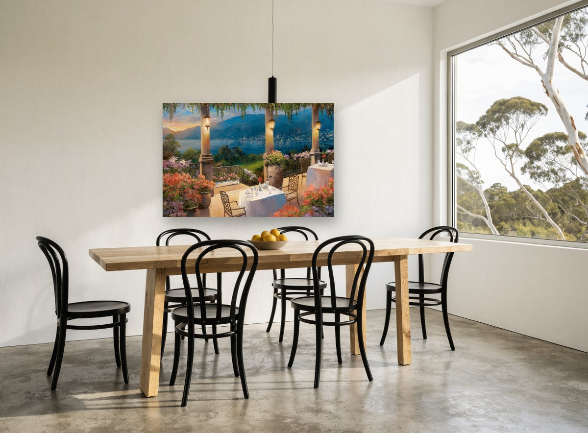 Terrace Dinner at Dusk coastal canvas print on the wall of a dining room
