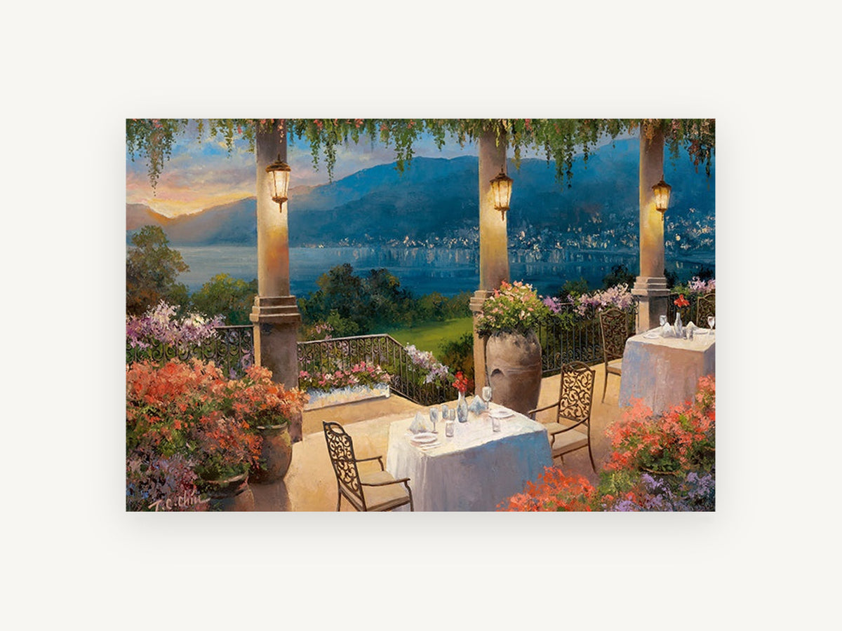 Terrace Dinner at Dusk, coastal canvas wall art print, front view