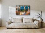 Terrace Dinner at Dusk coastal canvas print on the wall of a living room