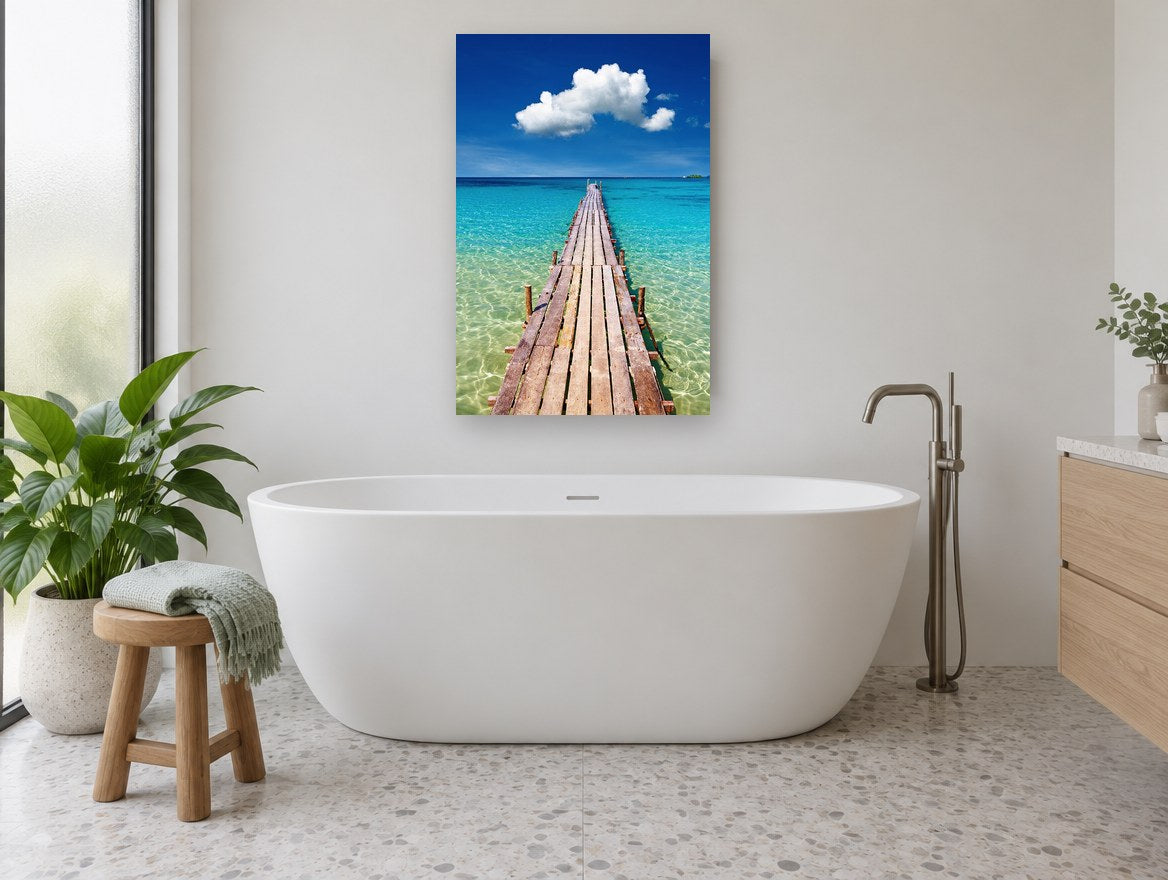 Turquoise Jetty Horizon coastal canvas print on the wall of a bathroom