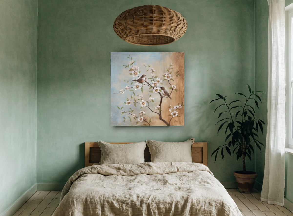 Two Birds on Blossom floral canvas print on the wall of a bedroom