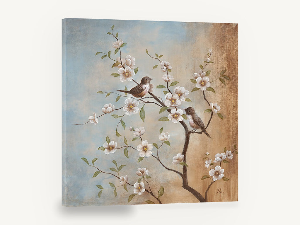 Two Birds on Blossom, birds on blossom branch painting, floral canvas wall art print ready to hang