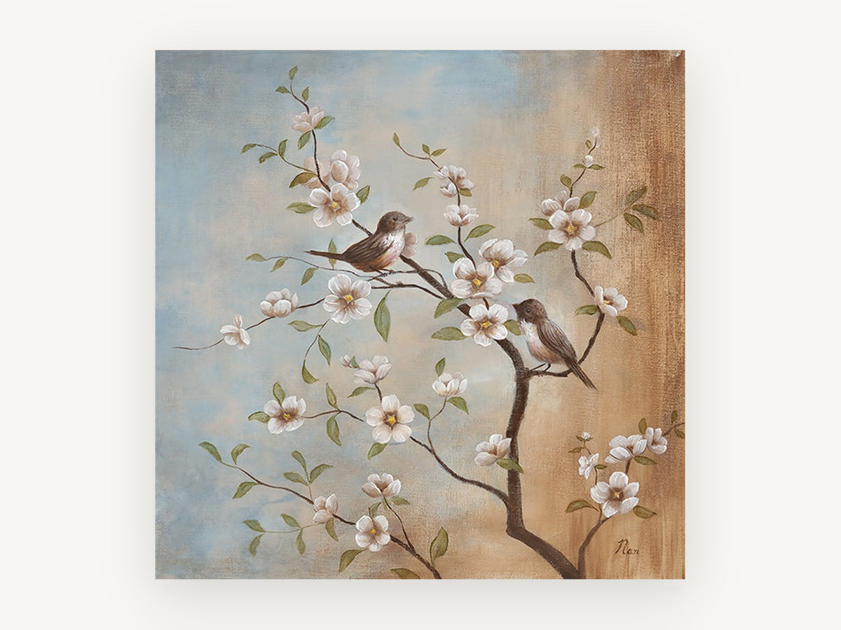 Two Birds on Blossom, floral canvas wall art print, front view