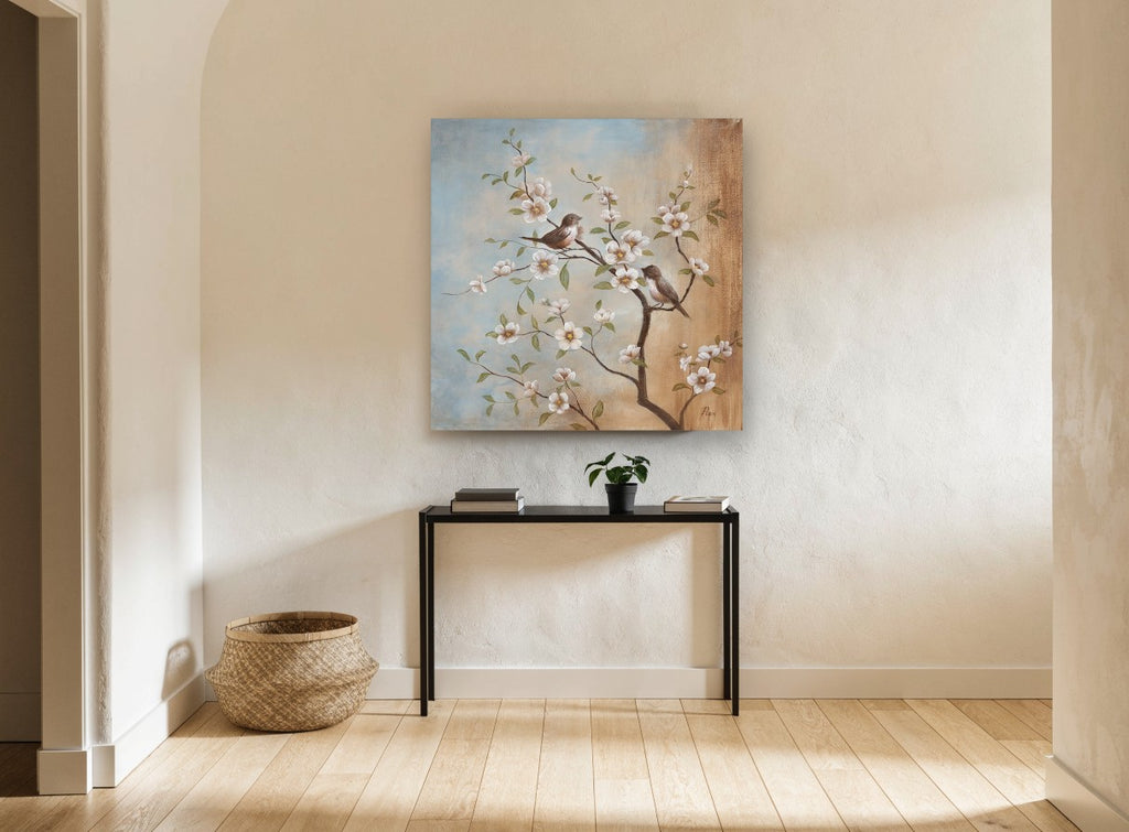 Two Birds on Blossom floral canvas print on the wall of a hallway