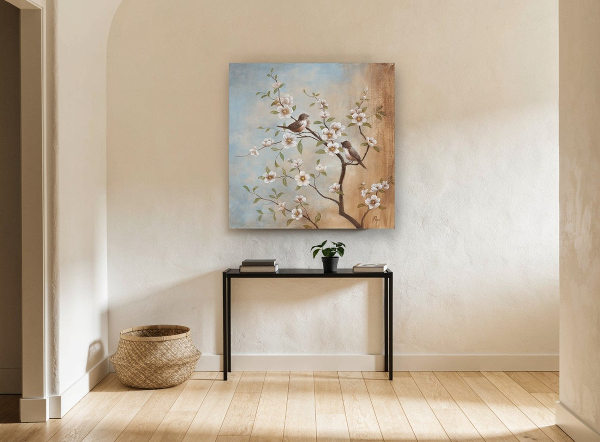 Two Birds on Blossom floral canvas print on the wall of a hallway