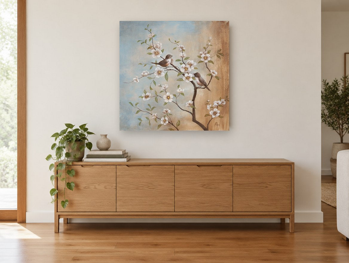 Two Birds on Blossom floral canvas print on the wall of a living room above a sideboard