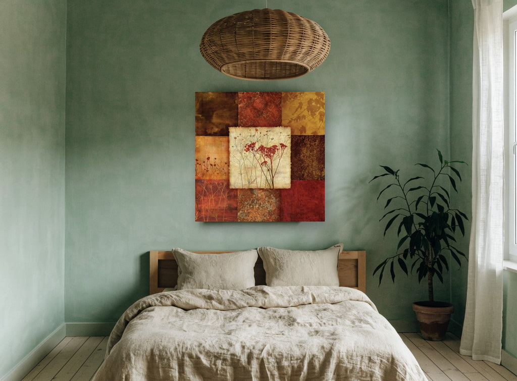 Autumn Seedhead Patchwork floral canvas print on the wall of a bedroom