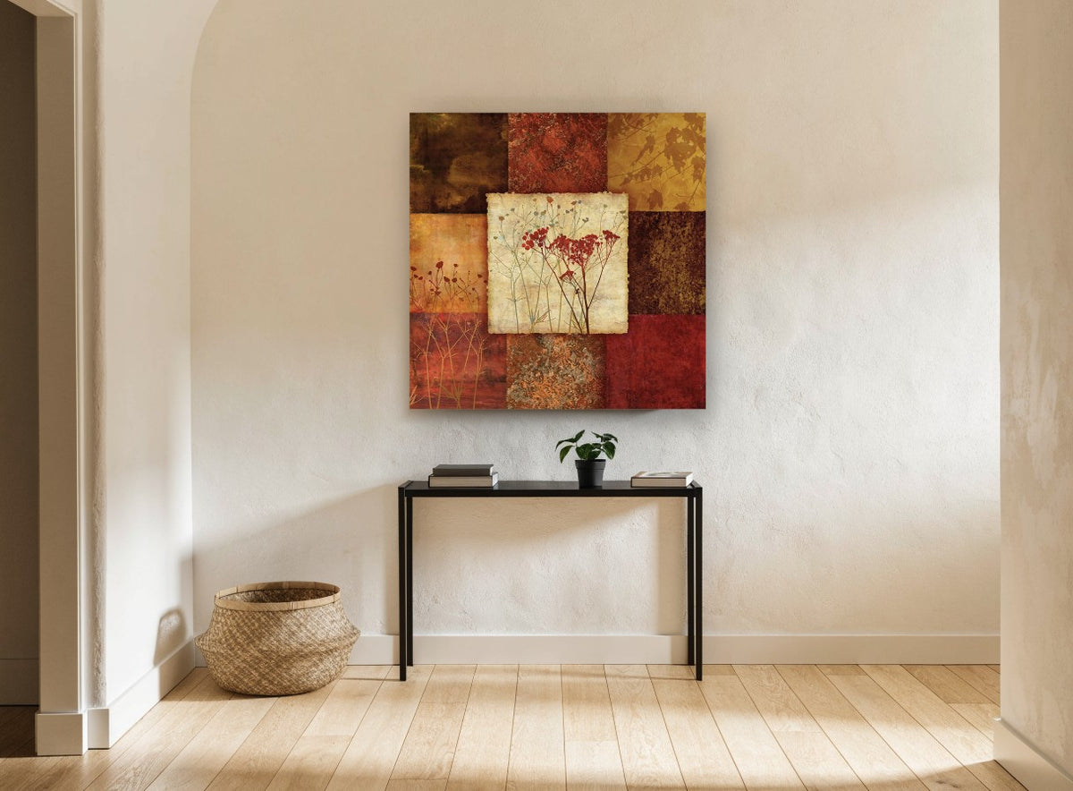 Autumn Seedhead Patchwork floral canvas print on the wall of a hallway
