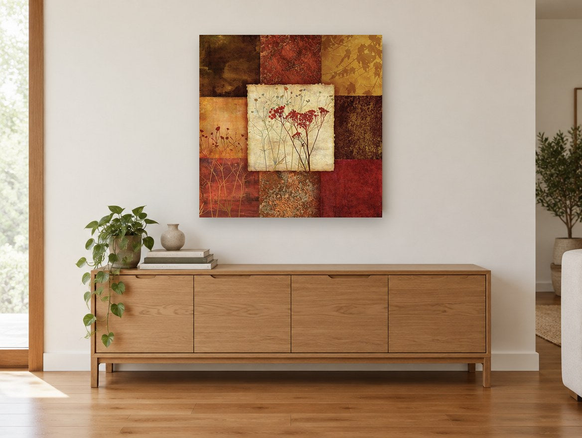 Autumn Seedhead Patchwork floral canvas print on the wall of a living room above a sideboard