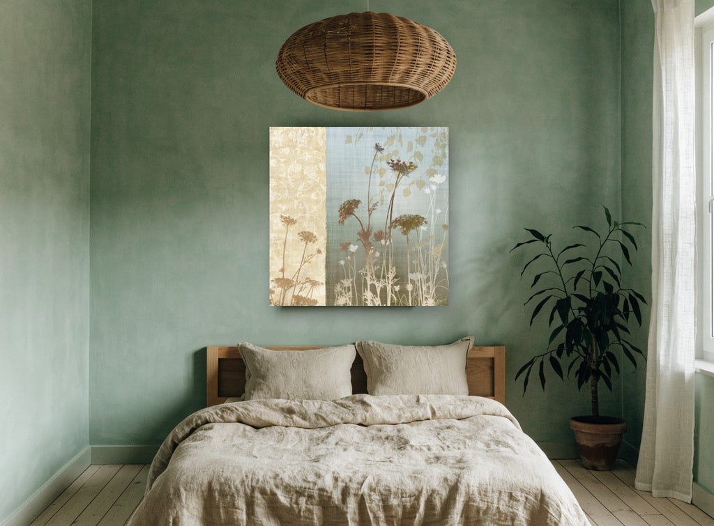 Meadow Silhouettes Panel floral canvas print on the wall of a bedroom