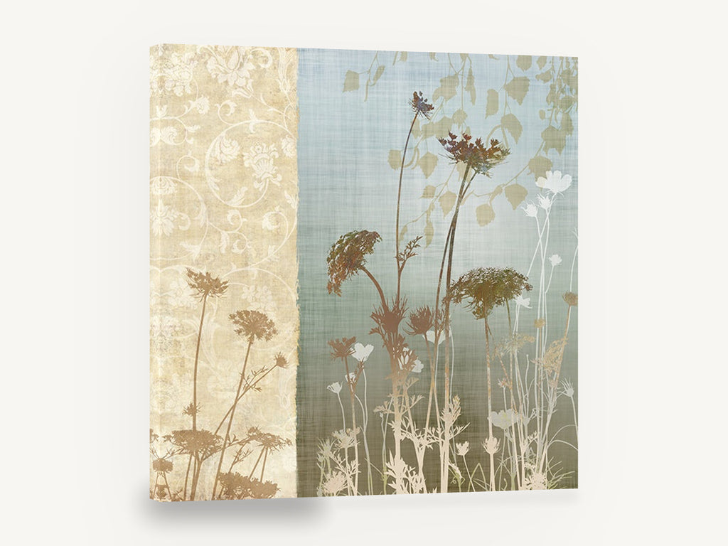Meadow Silhouettes Panel, wildflower silhouette botanical blue cream, floral canvas wall art print ready to hang