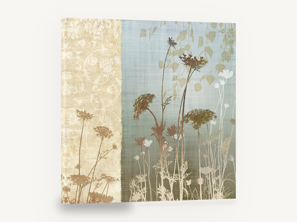Meadow Silhouettes Panel, wildflower silhouette botanical blue cream, floral canvas wall art print ready to hang