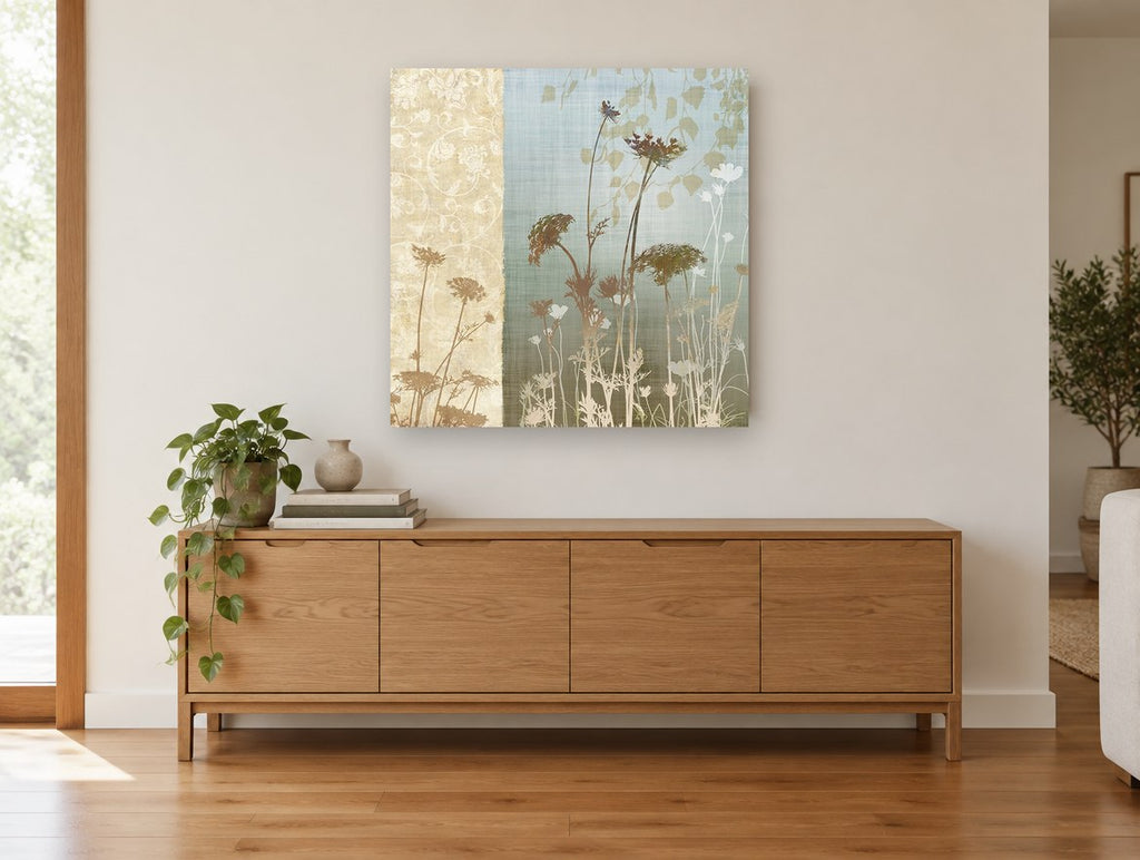 Meadow Silhouettes Panel floral canvas print on the wall of a living room above a sideboard