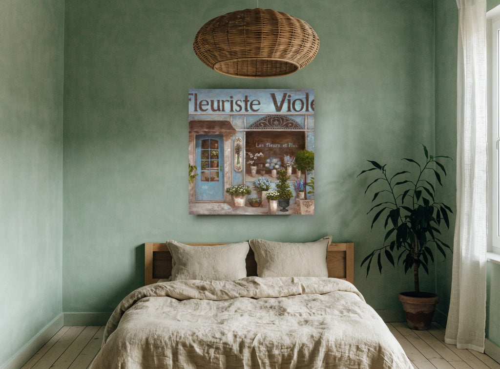 Blue Flower Shopfront floral canvas print on the wall of a bedroom