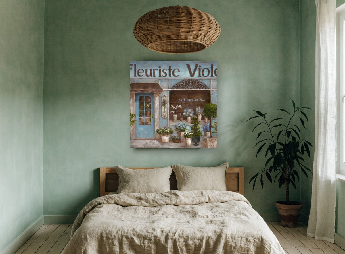 Blue Flower Shopfront floral canvas print on the wall of a bedroom
