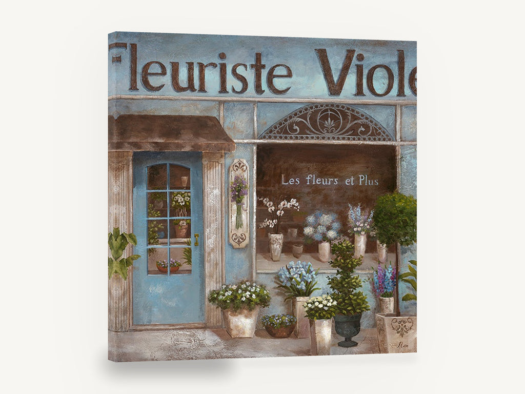 Blue Flower Shopfront, french flower shop storefront painting, floral canvas wall art print ready to hang