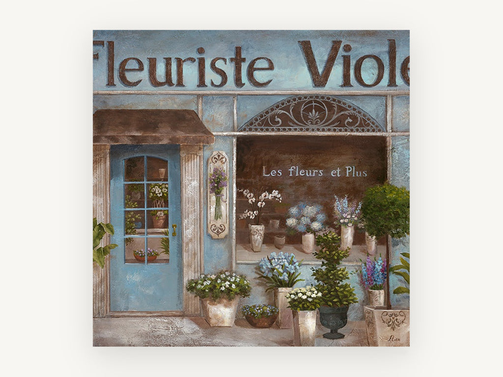 Blue Flower Shopfront, floral canvas wall art print, front view