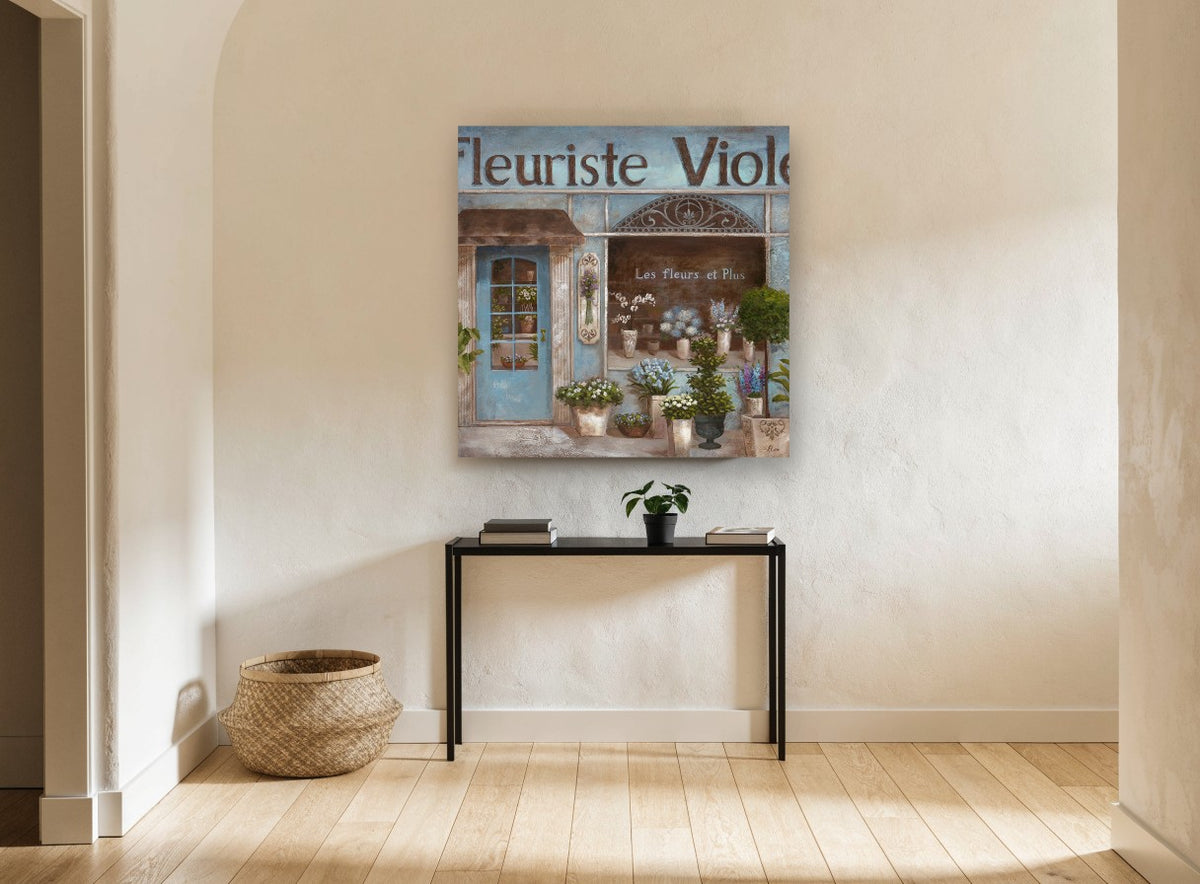 Blue Flower Shopfront floral canvas print on the wall of a hallway
