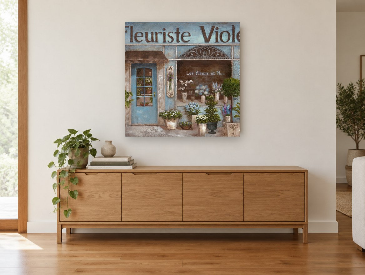 Blue Flower Shopfront floral canvas print on the wall of a living room above a sideboard