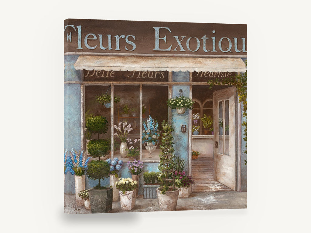 Blue Fleuriste Storefront, french flower shop storefront painting, floral canvas wall art print ready to hang