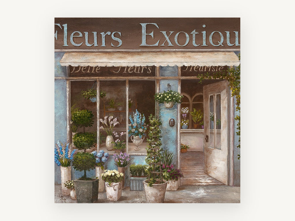 Blue Fleuriste Storefront, floral canvas wall art print, front view