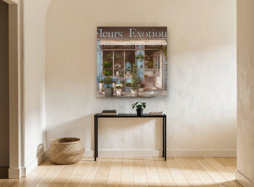 Blue Fleuriste Storefront floral canvas print on the wall of a hallway